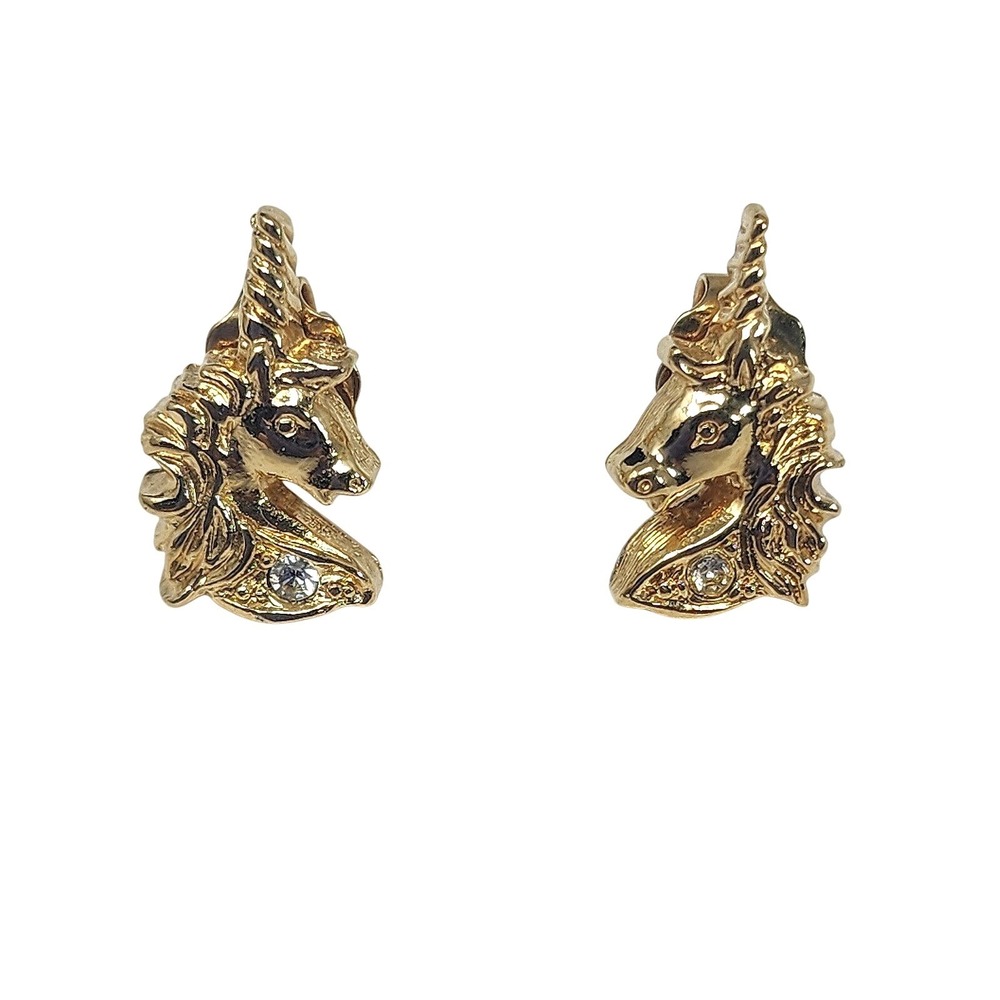 Vintage 80s Unicorn Stud Earrings Gold Tone Rhinestone Whimsical Fantasy